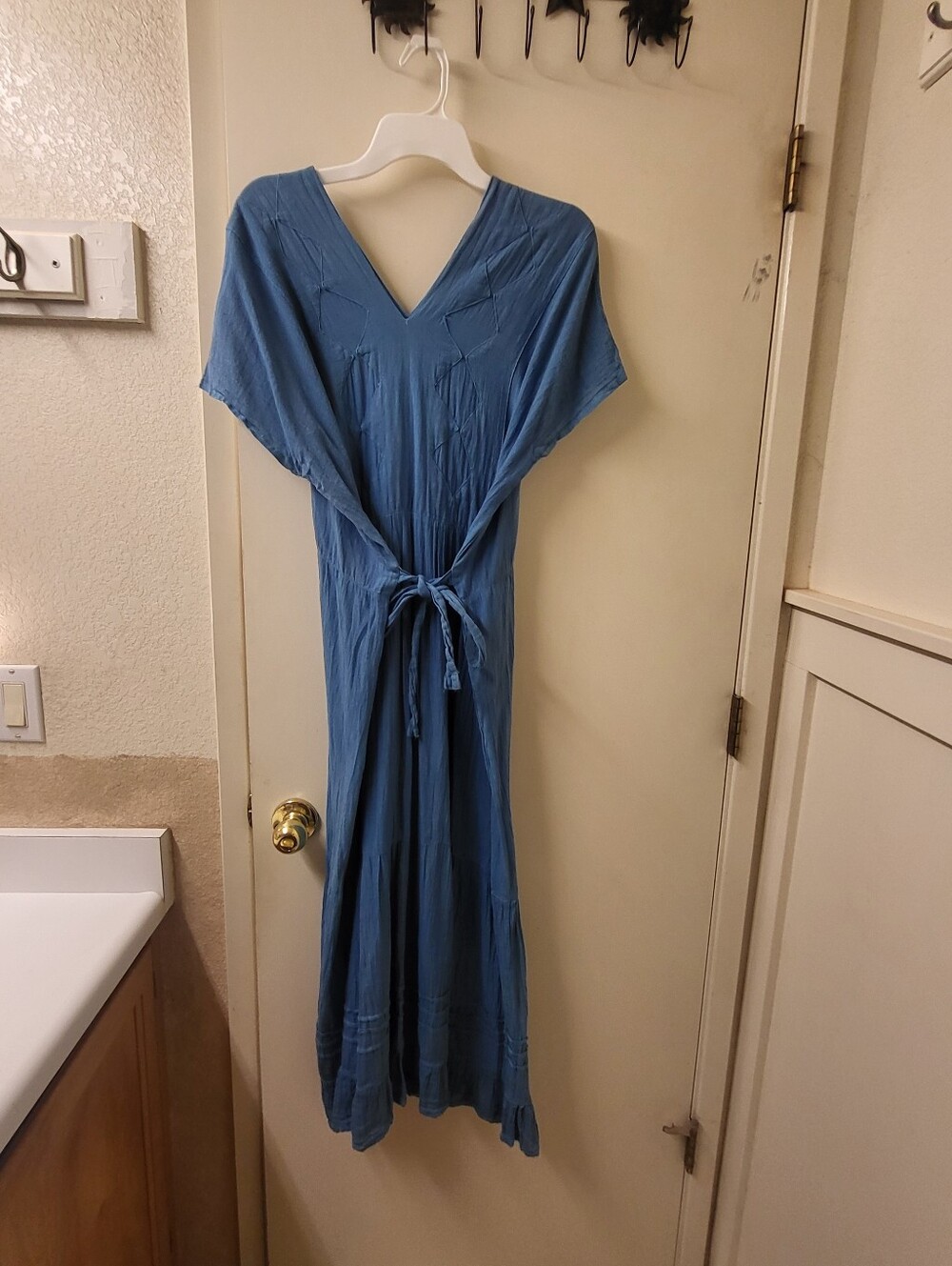 Like New, Traditional Mexican Handmade Turquoise V-Neck Maxi Dress, Cotton, OS